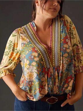 Bl^nk London x Anthropologie STEPHANIE Yellow Blue Floral V-Neck Top size M